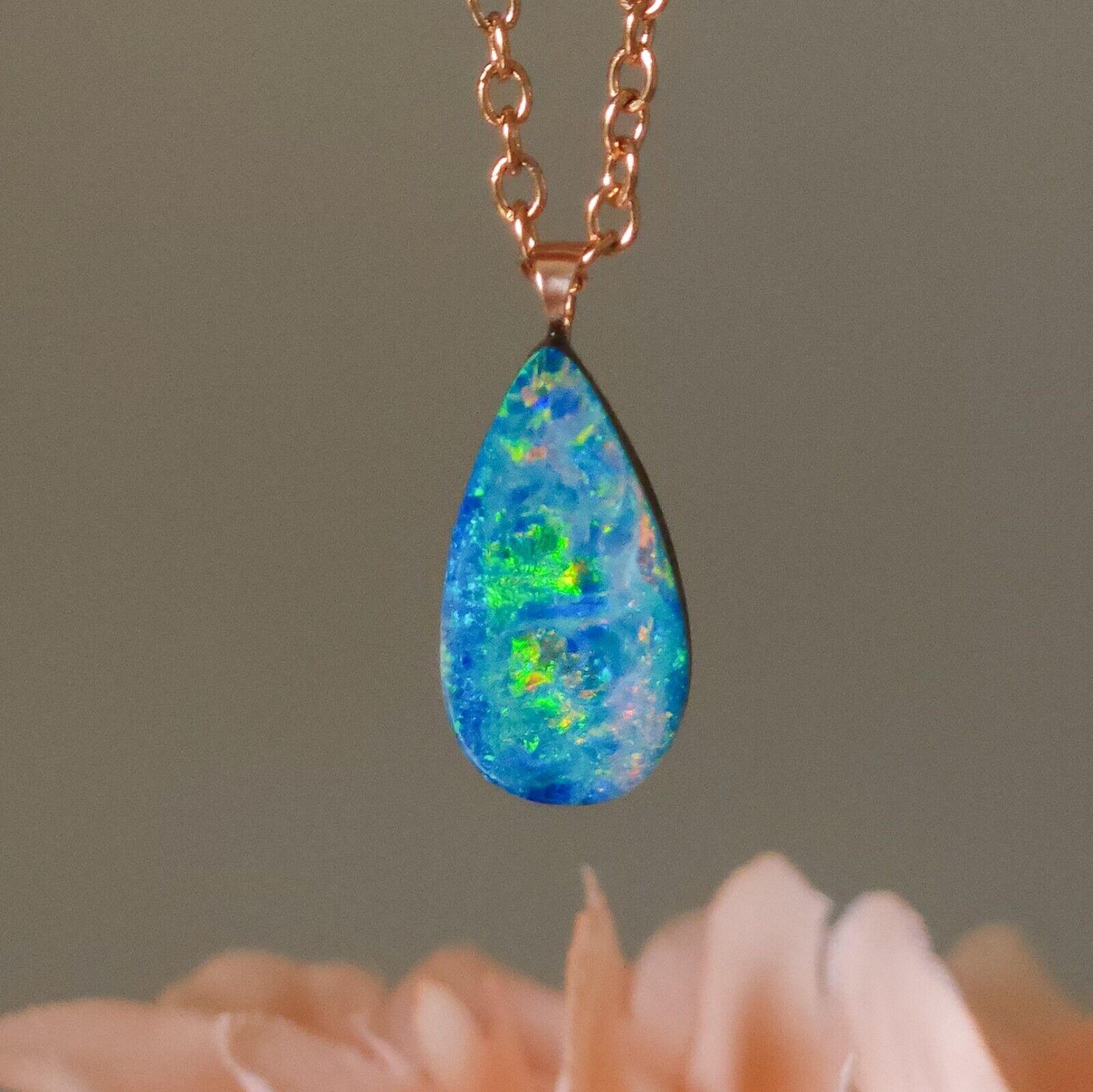 14K Rose Gold Australian Coober Pedy Opal Doublet Pendant, Opal Necklace CU5