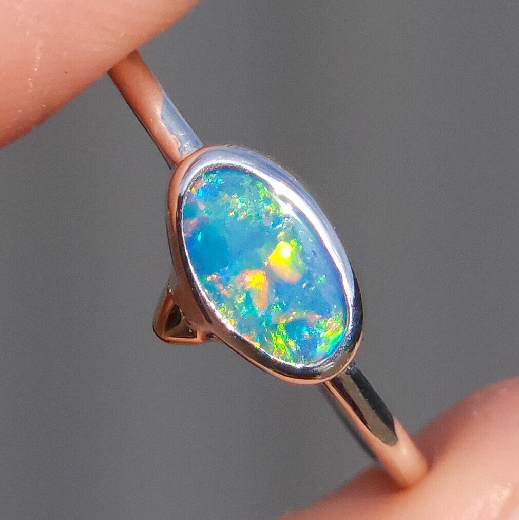 Australian Opal Doublet Ring, SIZE 8, 14K Gold and Silver Opal Ring, Dainty Ring