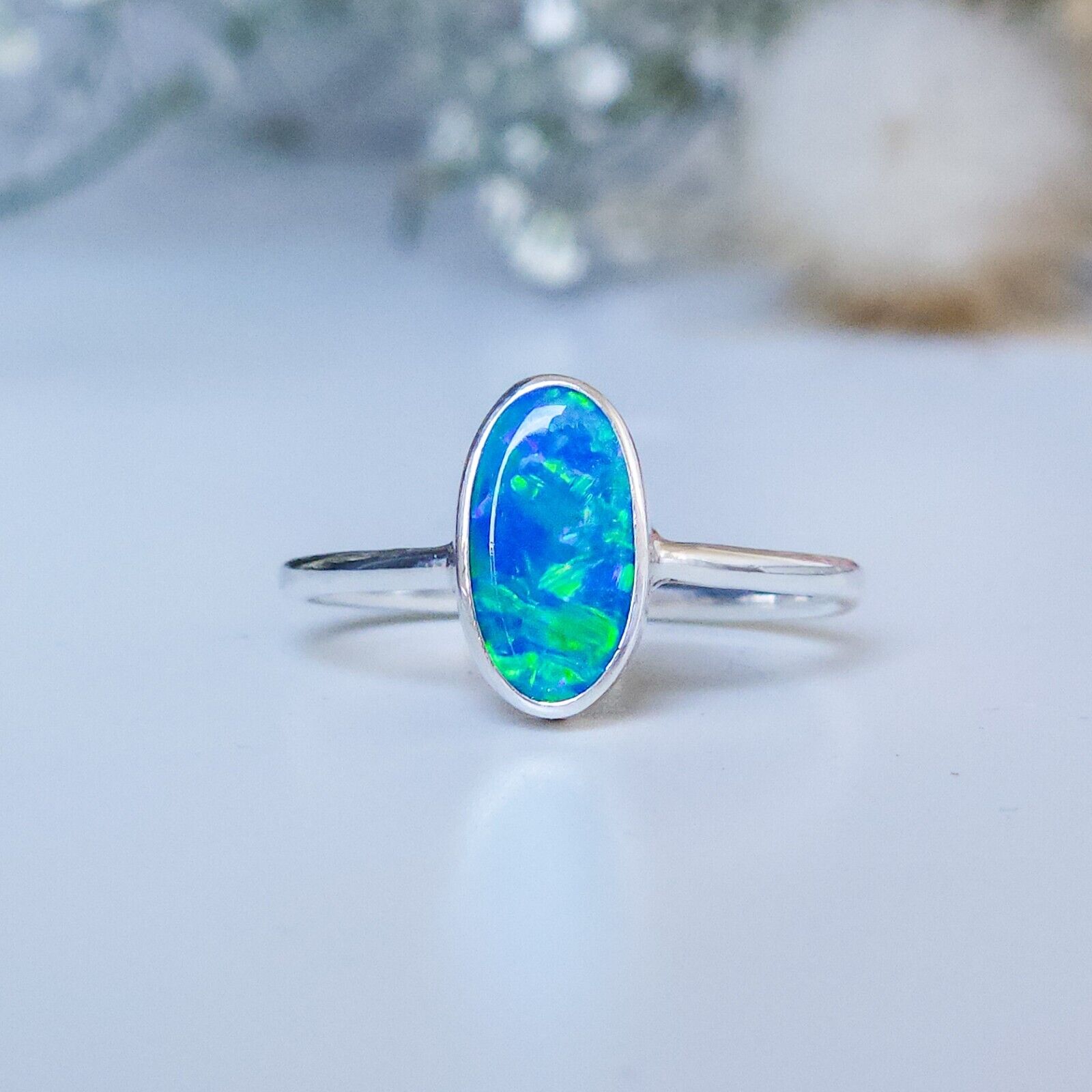 Sterling Silver Australian Opal Doublet Ring, SIZE US 8 1/4, Green Dainty Opal 
