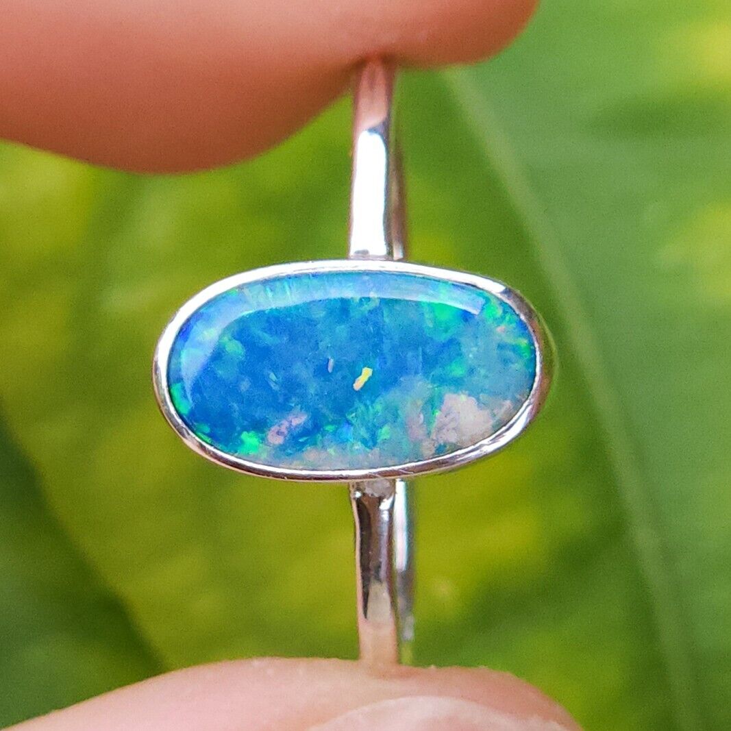 Sterling Silver Australian Opal Ring, Dainty Ring, SIZE US 7 3/4, Blue Opal Ring
