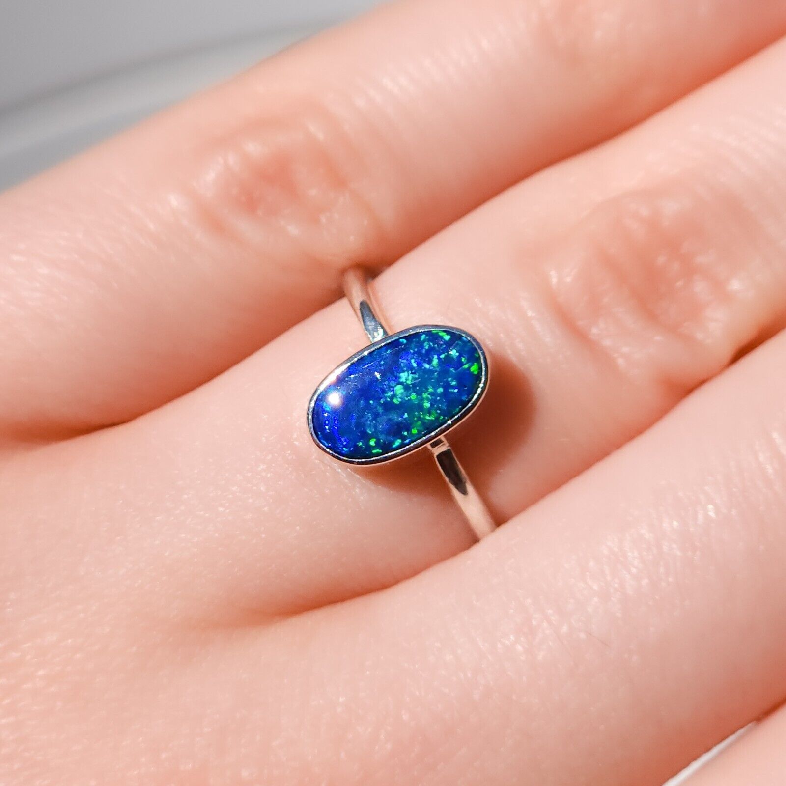 Sterling Silver Australian Opal Ring, Dainty Ring, SIZE US 6 1/2, Blue Opal Ring