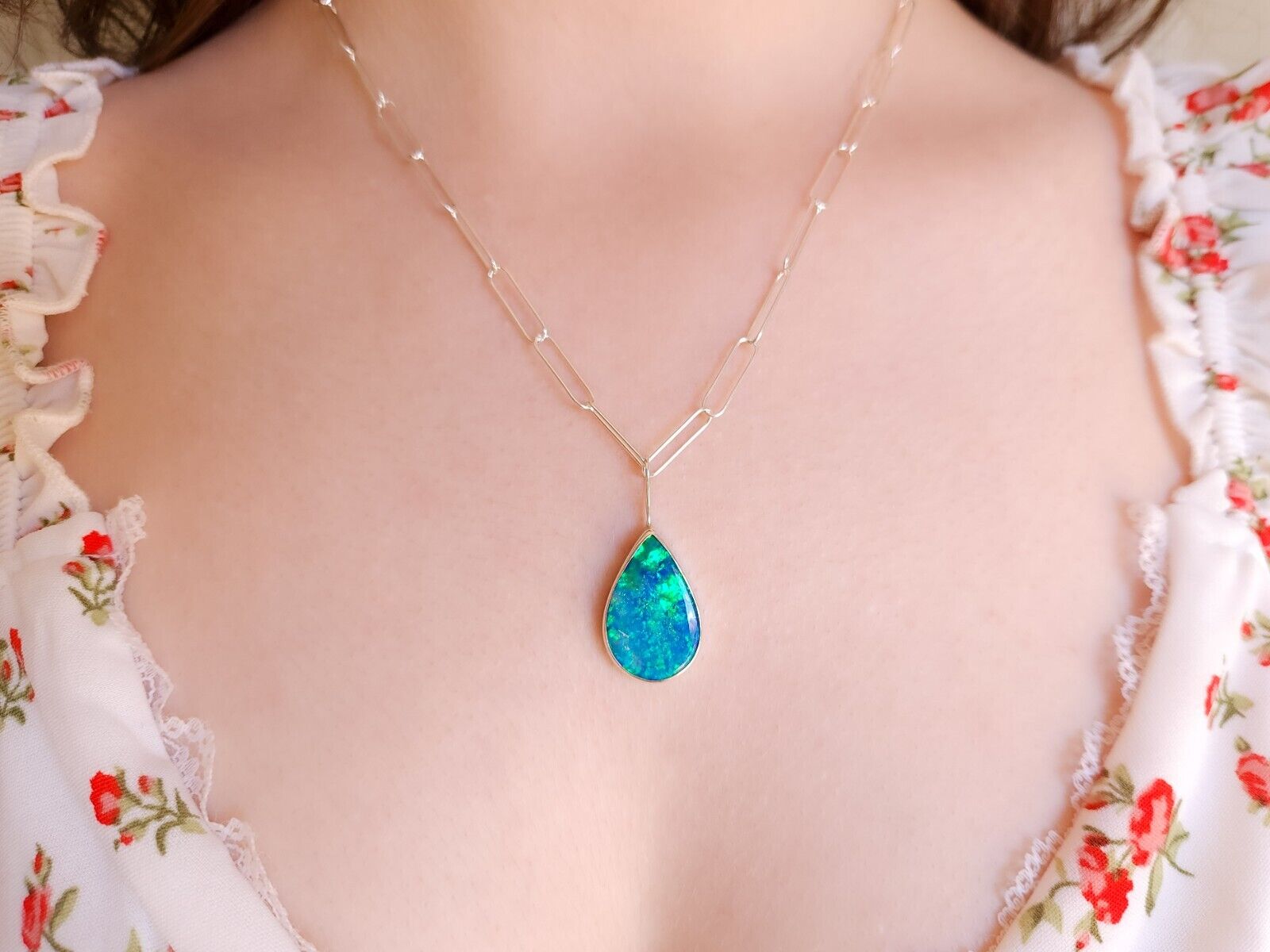 Green Australian Opal Necklace, Coober Pedy Opal Doublet, Solid Sterling Silver 