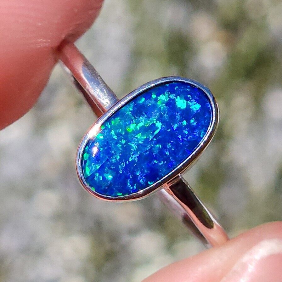 Sterling Silver Australian Opal Ring, Dainty Ring, SIZE US 6 1/2, Blue Opal Ring