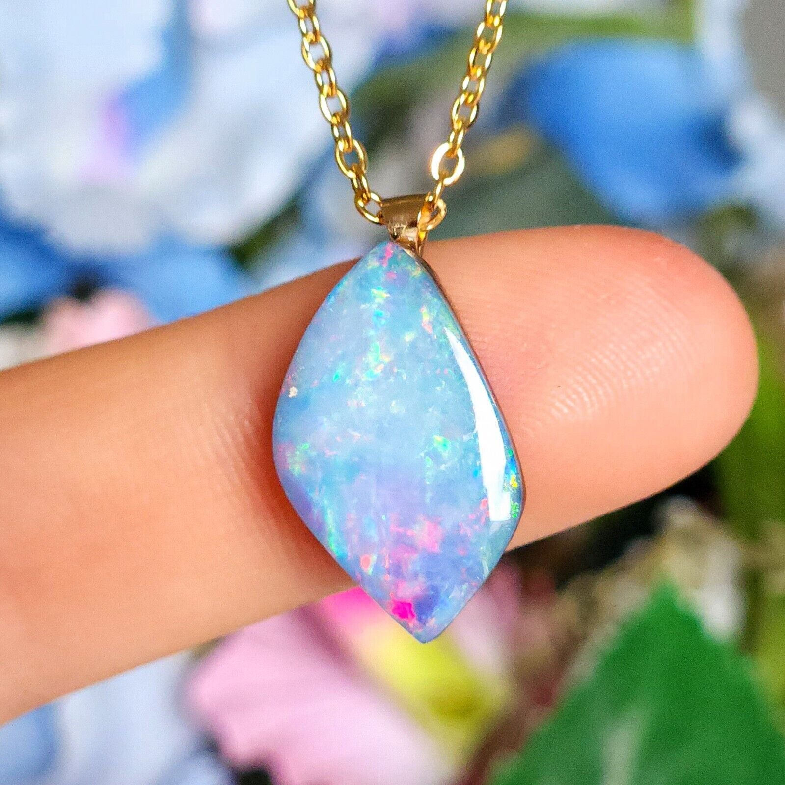 14K Gold Bail, Australian Coober Pedy Opal Doublet Pendant Necklace GEM2