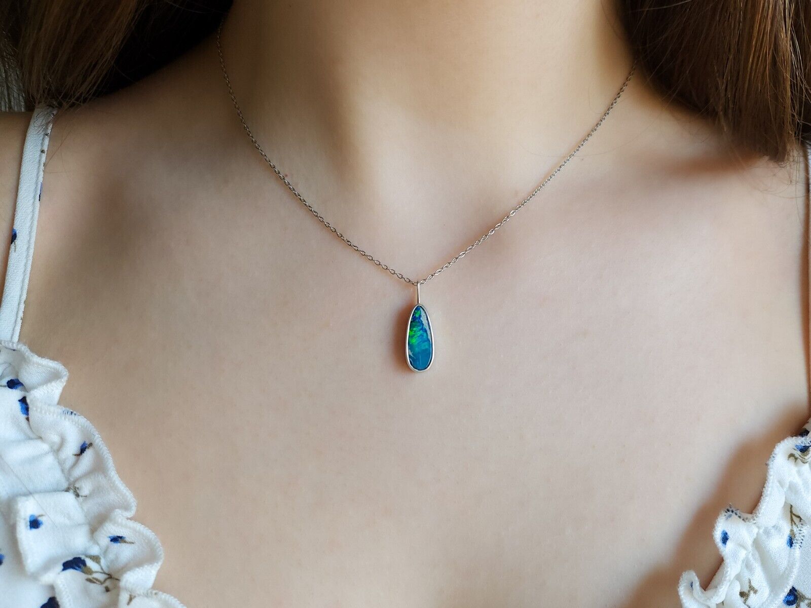 Silver Australian Opal Pendant/ Doublet Opal Necklace/ dainty necklace/ TI7 