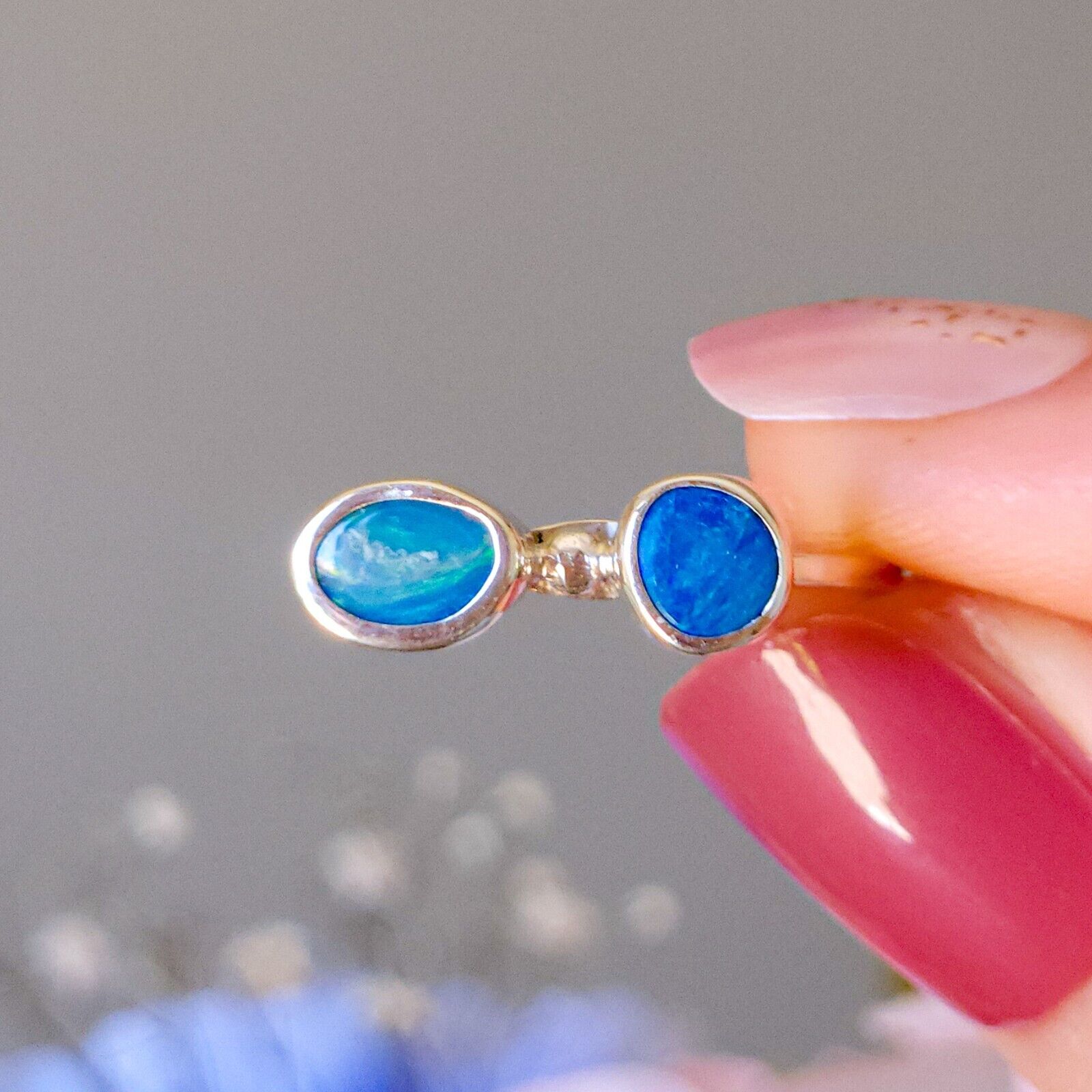 Australian Opal Ring, Size US 7 1/2, Silver Coober Pedy Opal doublet ring, 