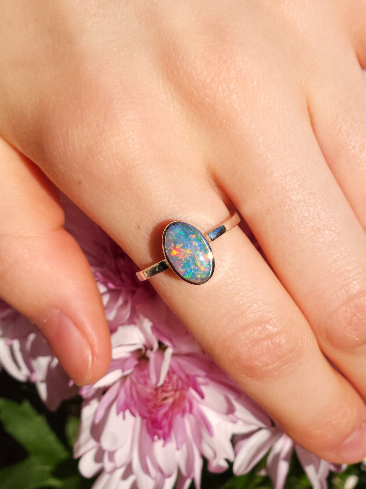 Sterling Silver Australian Opal Ring, Dainty Ring, SIZE 8 ¾, Pink Opal Ring,