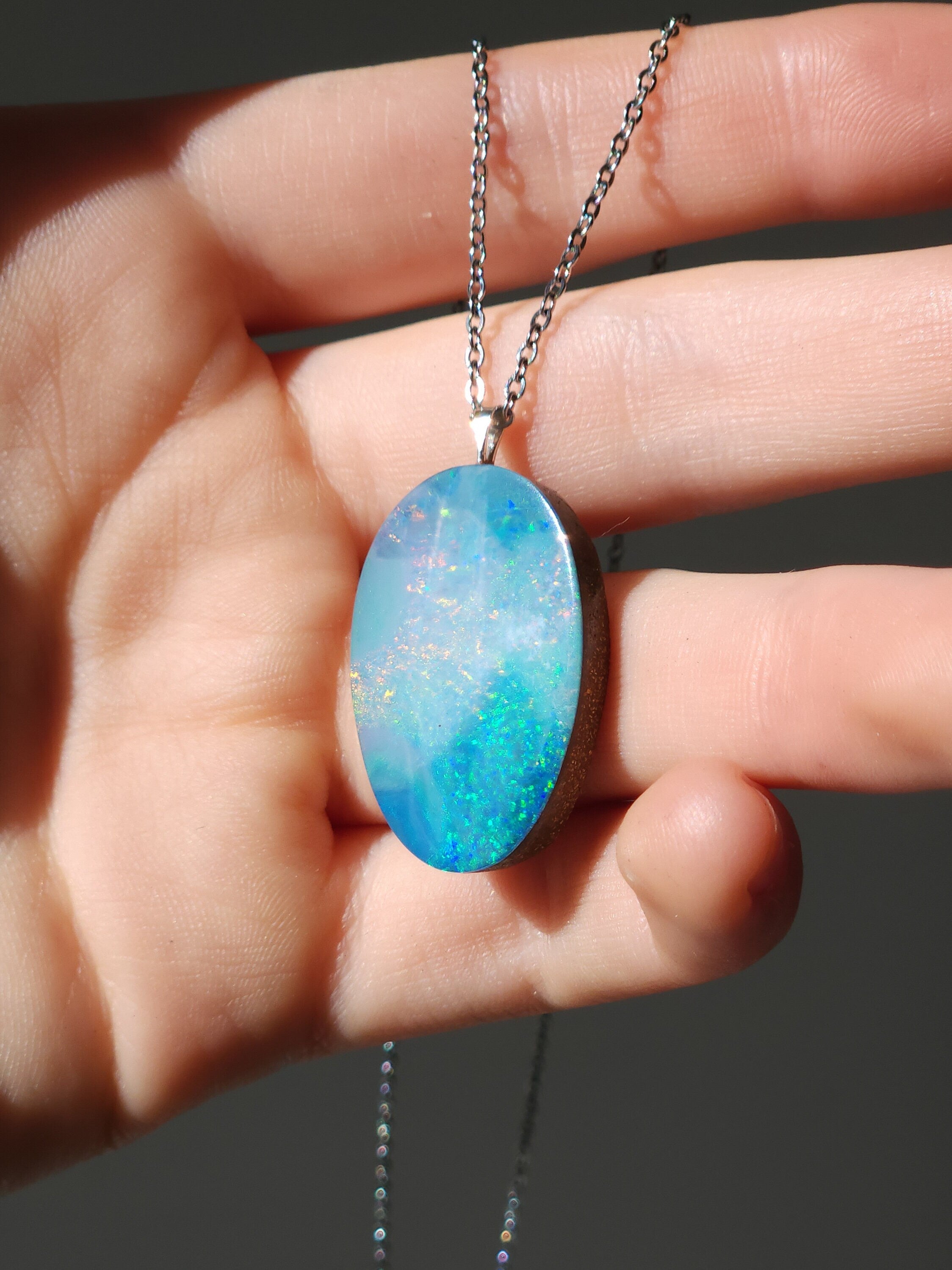 Australis | Bright Australian Coober Pedy Opal Doublet Pendant, QLD Boulder Ironstone Backing, Sterling Silver, Colorful Rainbow Opal |IR1