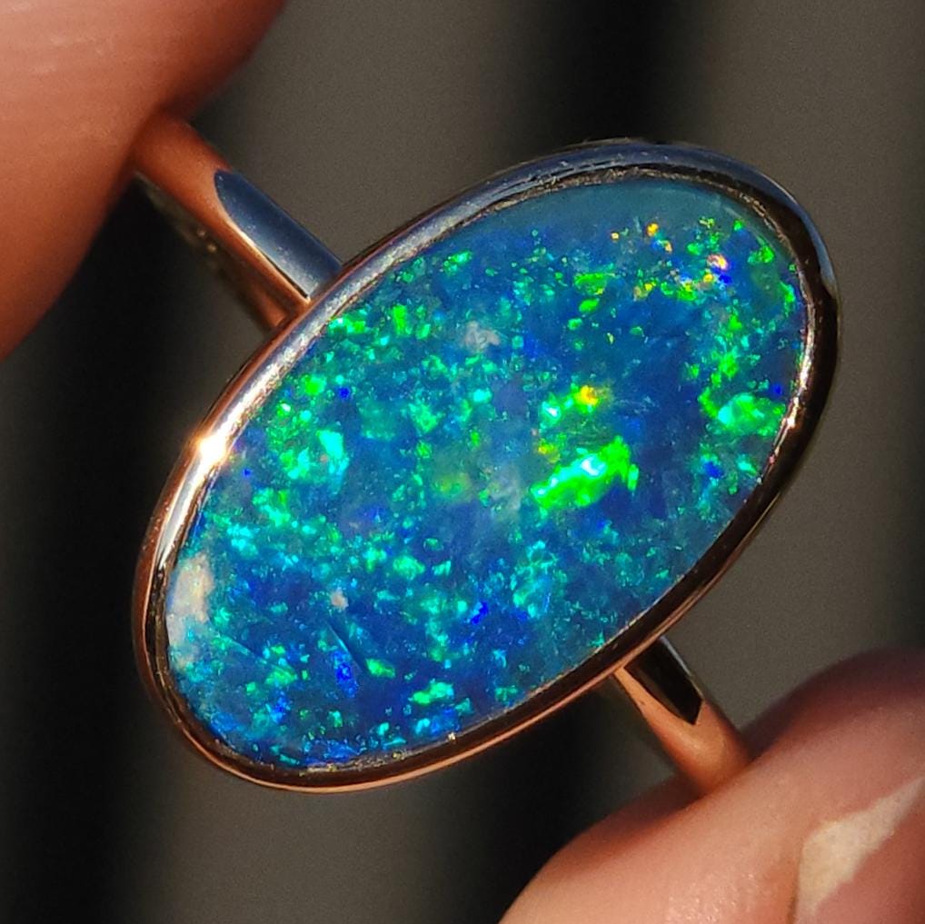 14K Gold Australian opal ring / Free Resize / Coober Pedy crystal opal doublet / statement ring/ solid gold