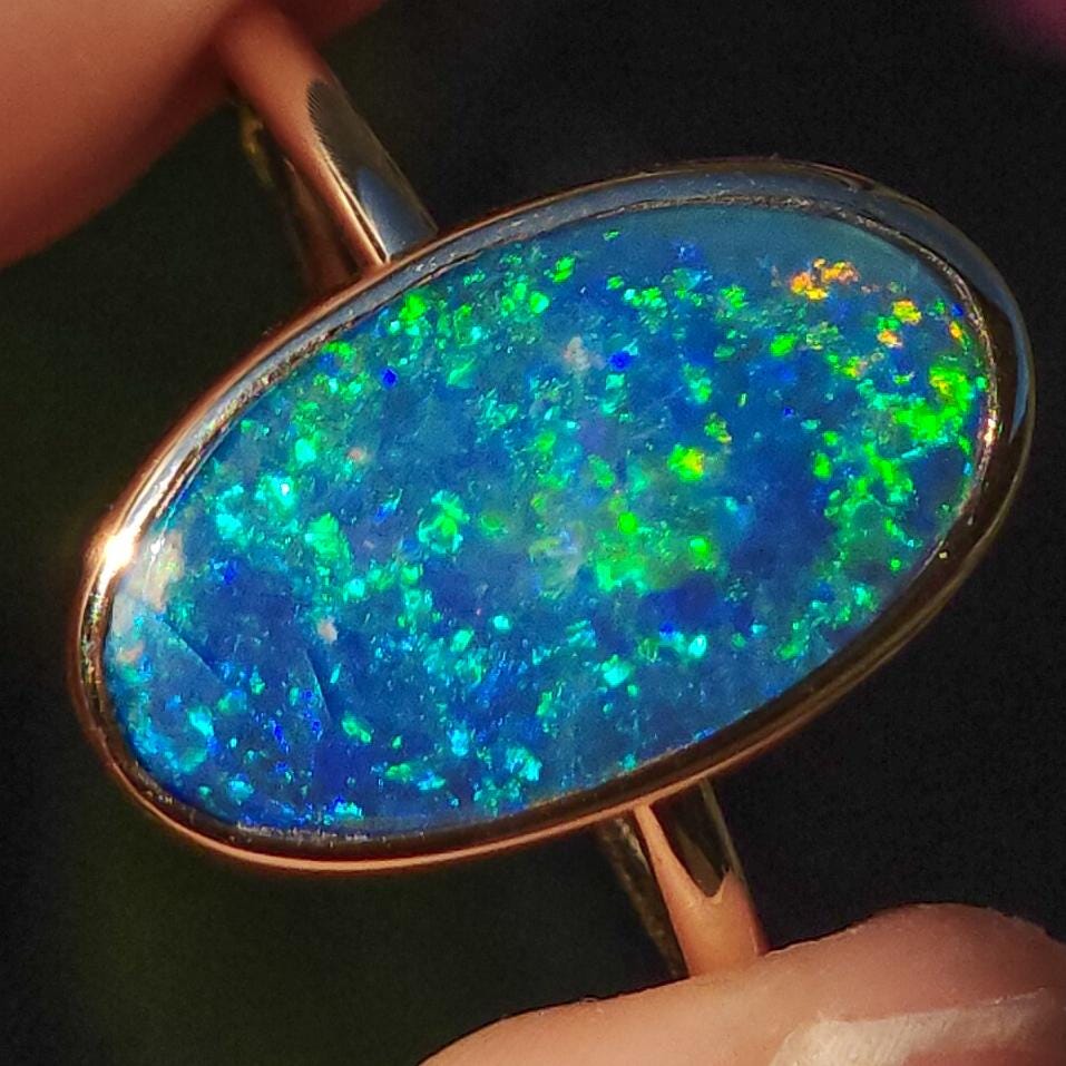 14K Gold Australian opal ring / Free Resize / Coober Pedy crystal opal doublet / statement ring/ solid gold